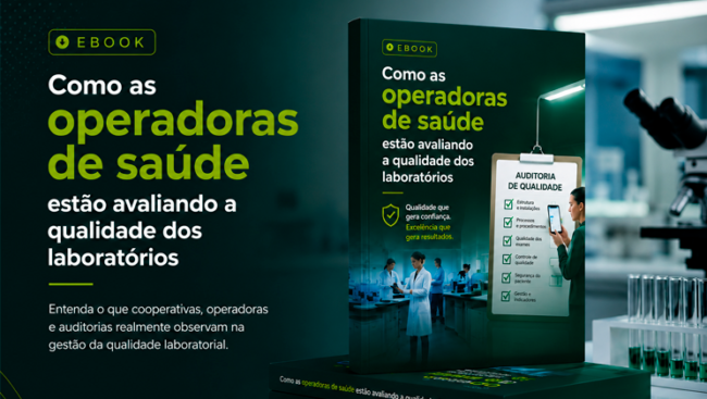 Banner do ebook Como as operadoras de saúde estão avaliando a qualidade dos laboratórios, com mockup da capa em ambiente laboratorial.